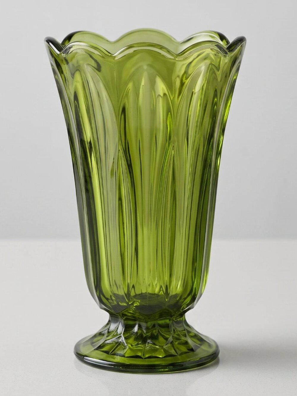 Vintage Indiana Glass Olive Green Ribbed Pedestal Vase Scalloped Rim 8.5” 1970s
